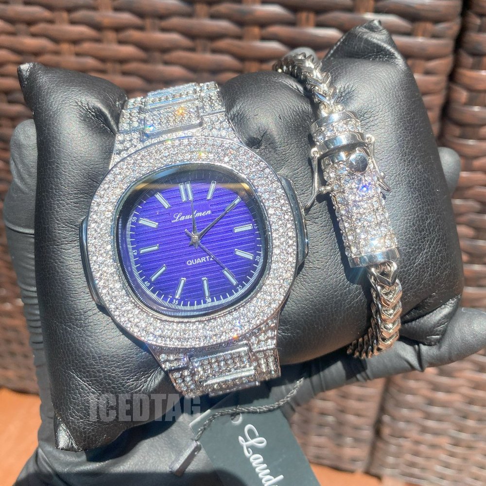 HIP HOP SILVER PT BLING LUXURY BLUE DIAL RAPPER WATCH & STAINLESS STEEL BRACELET